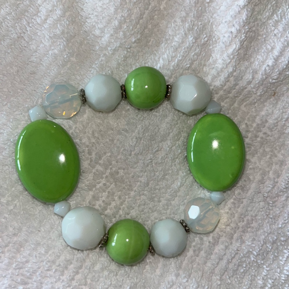 Green White Glass Bead Stretch Bracelet Chunky Statement Boho Jewelry
